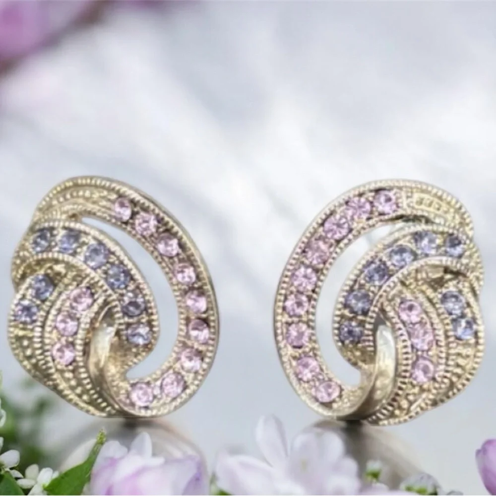 Vintage Earrings Sparkling Pink Purple Crystal Cubic Zirconia Formal Swirl Knot - Picture 4 of 16